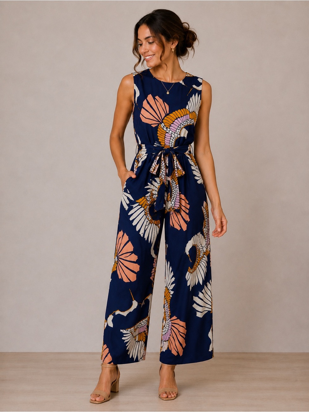 Wide-Leg Sleeveless Floral Jumpsuit in Navy